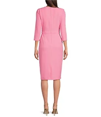 Adrianna Papell Stretch Crepe Crew Neck Tie Waist 3/4 Sleeve Midi Sheath Dress
