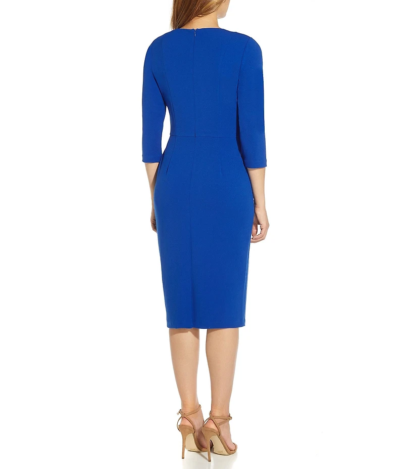 Adrianna Papell Stretch Crepe Crew Neck Tie Waist 3/4 Sleeve Midi Sheath Dress