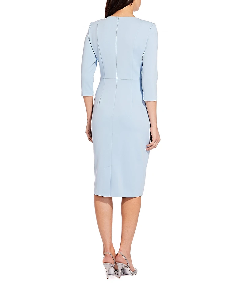 Adrianna Papell Stretch Crepe Crew Neck Tie Waist 3/4 Sleeve Midi Sheath Dress