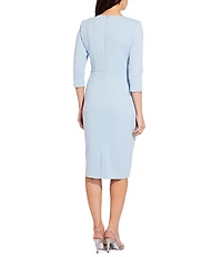 Adrianna Papell Stretch Crepe Crew Neck Tie Waist 3/4 Sleeve Midi Sheath Dress