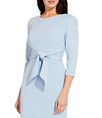 Adrianna Papell Stretch Crepe Crew Neck Tie Waist 3/4 Sleeve Midi Sheath Dress