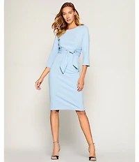 Adrianna Papell Stretch Crepe Crew Neck Tie Waist 3/4 Sleeve Midi Sheath Dress