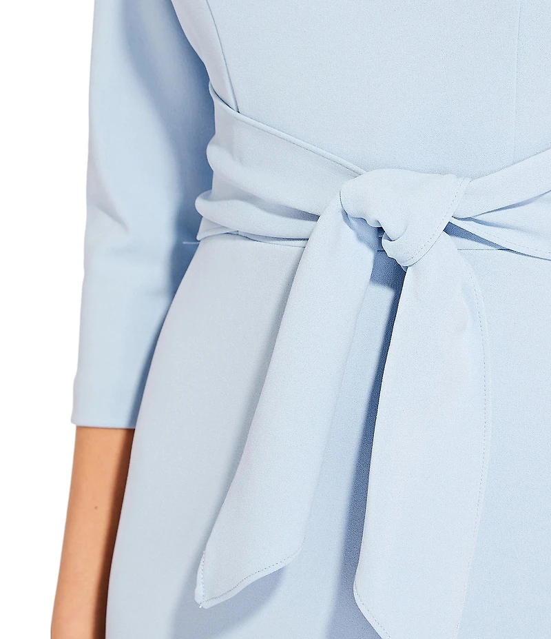 Adrianna Papell Stretch Crepe Crew Neck Tie Waist 3/4 Sleeve Midi Sheath Dress