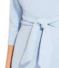 Adrianna Papell Stretch Crepe Crew Neck Tie Waist 3/4 Sleeve Midi Sheath Dress