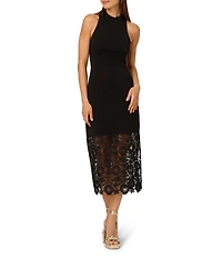 Adrianna Papell Novelty Knit Crew Neck Sleeveless Lace Hem Sheath Midi Dress