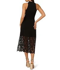 Adrianna Papell Novelty Knit Crew Neck Sleeveless Lace Hem Sheath Midi Dress