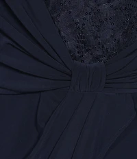 Adrianna Papell Lace Surplice Neck 3/4 Bell Sleeve Jersey Jumpsuit