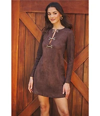 Adrianna Papell Long Sleeve Suede Short Dress With Hardware