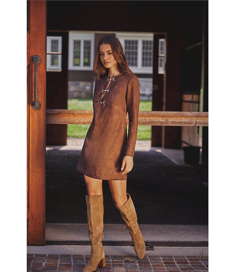 Adrianna Papell Long Sleeve Suede Short Dress With Hardware