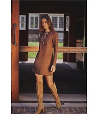 Adrianna Papell Long Sleeve Suede Short Dress With Hardware