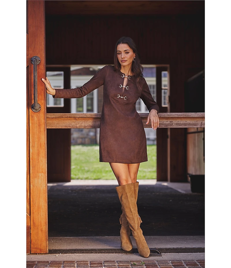 Adrianna Papell Long Sleeve Suede Short Dress With Hardware