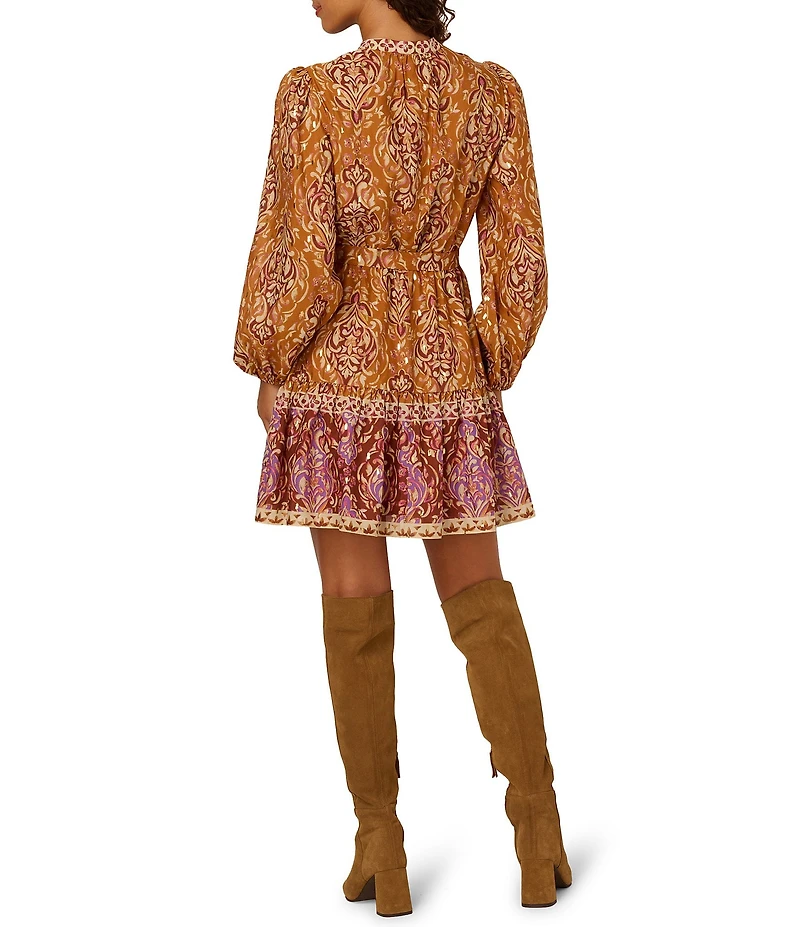 Adrianna Papell Long Sleeve V- Neck Tie Waist Printed Mini Dress