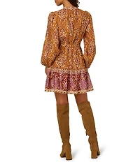 Adrianna Papell Long Sleeve V- Neck Tie Waist Printed Mini Dress
