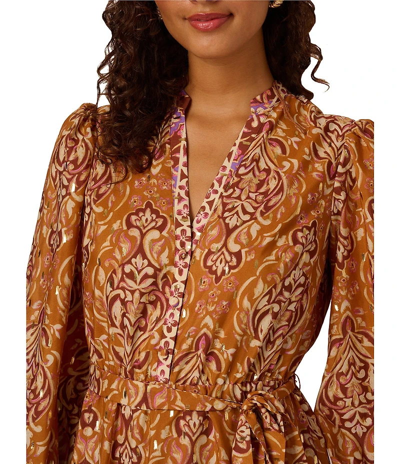 Adrianna Papell Long Sleeve V- Neck Tie Waist Printed Mini Dress