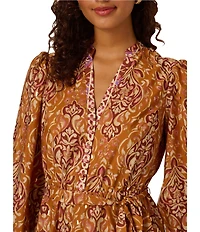 Adrianna Papell Long Sleeve V- Neck Tie Waist Printed Mini Dress