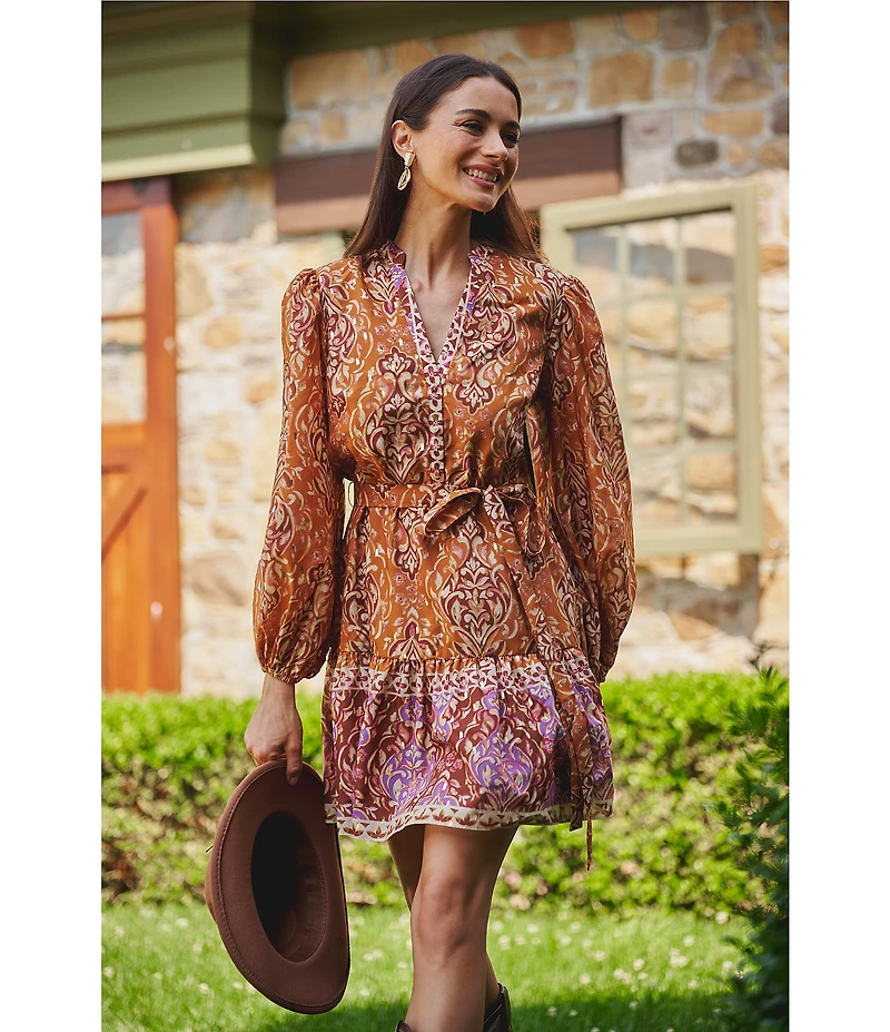 Adrianna Papell Long Sleeve V- Neck Tie Waist Printed Mini Dress