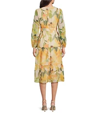 Adrianna Papell Long Sleeve V-Neck Floral Printed Organza A-Line Midi Dress