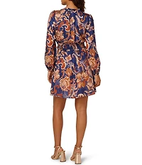 Adrianna Papell Long Sleeve V-Neck Large Paisley Pattern Mini Dress
