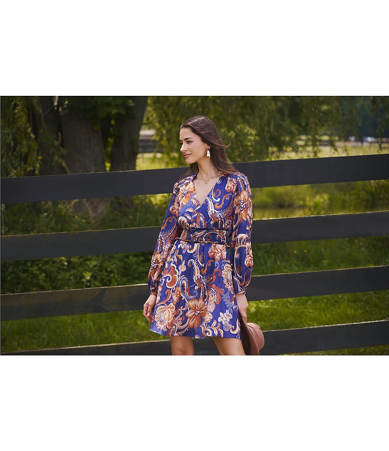 Adrianna Papell Long Sleeve V-Neck Large Paisley Pattern Mini Dress