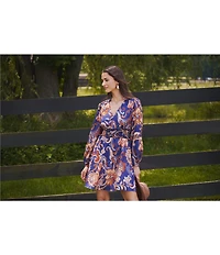 Adrianna Papell Long Sleeve V-Neck Large Paisley Pattern Mini Dress