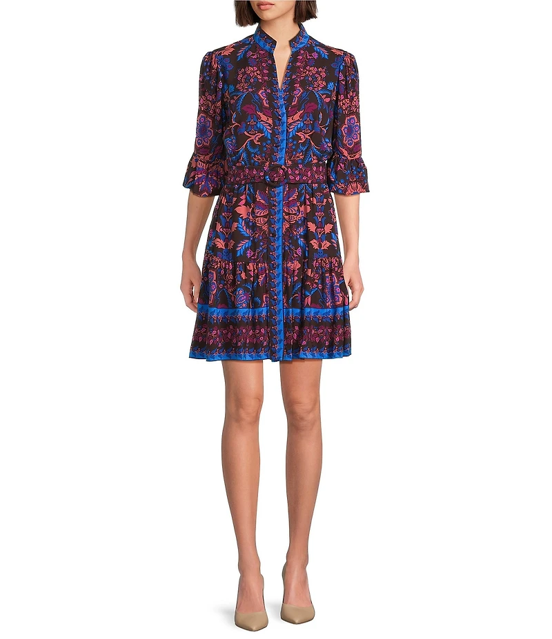 Adrianna Papell Long Sleeve V Neck Pattern Mini Flounce Dress