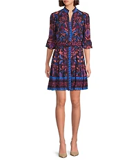 Adrianna Papell Long Sleeve V Neck Pattern Mini Flounce Dress
