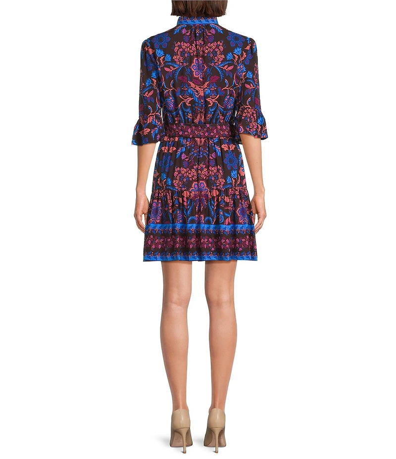 Adrianna Papell Long Sleeve V Neck Pattern Mini Flounce Dress