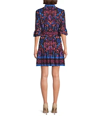 Adrianna Papell Long Sleeve V Neck Pattern Mini Flounce Dress