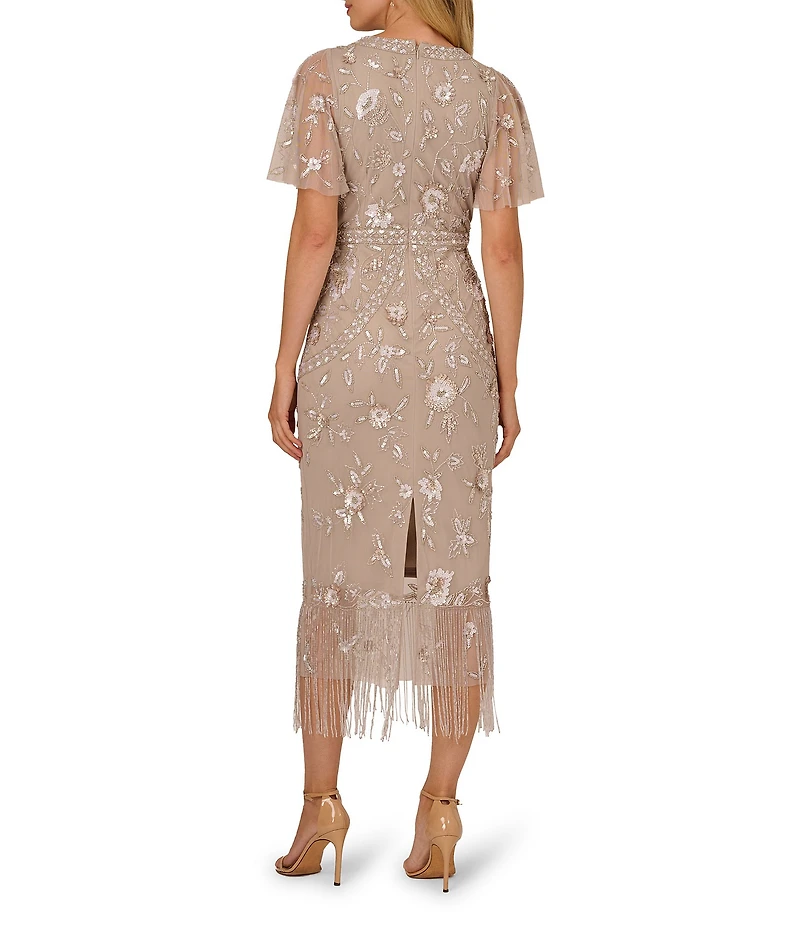 Adrianna Papell Mesh Beaded Fringe V-Neck Flutter Sleeve Sheath Midi Dress