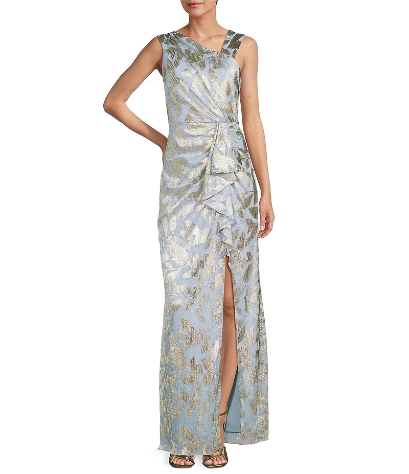 Adrianna Papell Metallic Asymmetrical Neck Sleeveless Gown