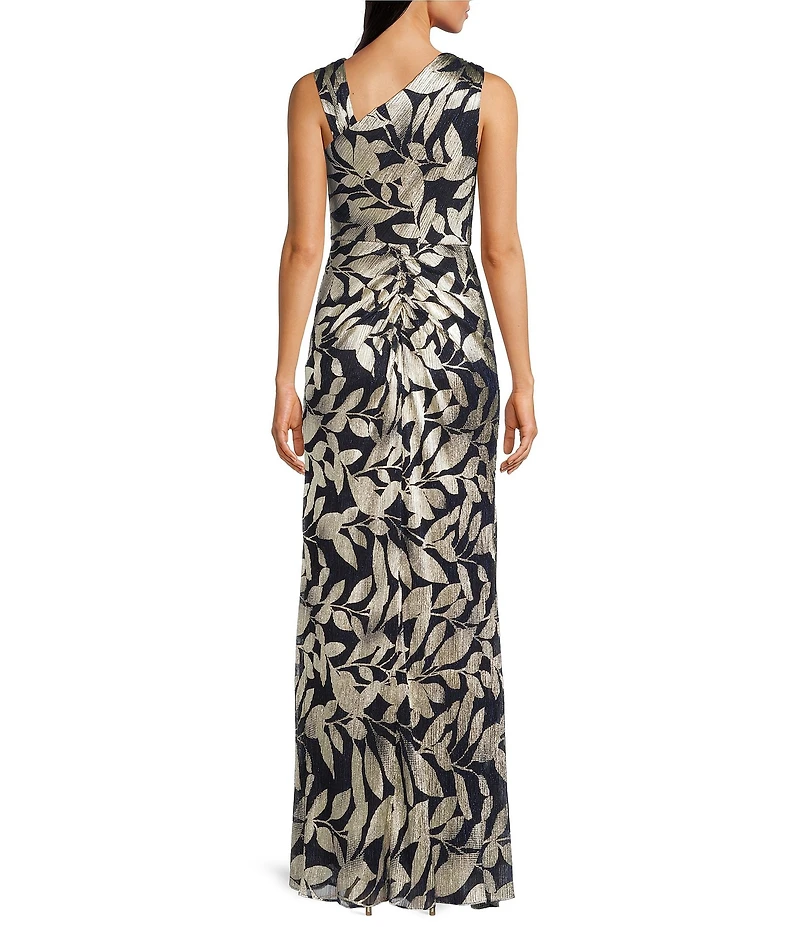 Adrianna Papell Metallic Asymmetrical Neck Sleeveless Gown