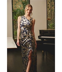 Adrianna Papell Metallic Asymmetrical Neck Sleeveless Gown