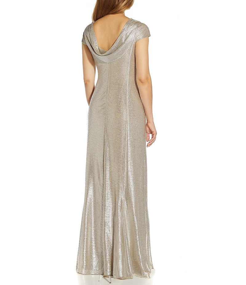 Adrianna Papell Glitter Cowl Neck Draped Back Cap Sleeve A-Line Gown