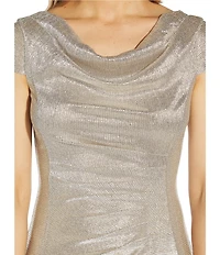 Adrianna Papell Glitter Cowl Neck Draped Back Cap Sleeve A-Line Gown