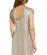 Adrianna Papell Glitter Cowl Neck Draped Back Cap Sleeve A-Line Gown