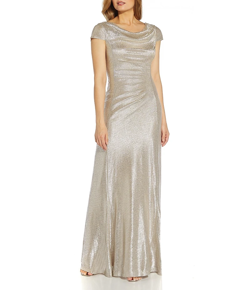 Adrianna Papell Glitter Cowl Neck Draped Back Cap Sleeve A-Line Gown