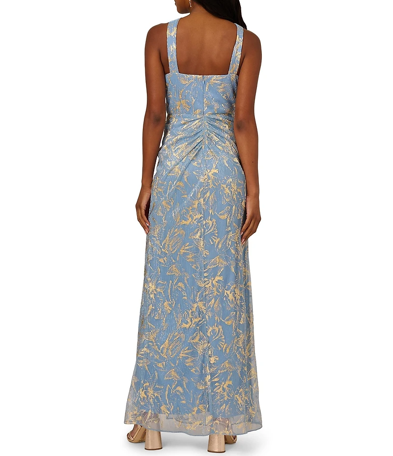 Adrianna Papell Metallic Crinkle Chiffon Halter Front Keyhole Column Gown