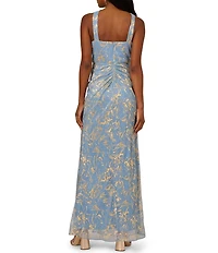 Adrianna Papell Metallic Crinkle Chiffon Halter Front Keyhole Column Gown