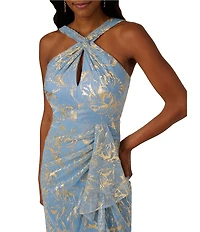 Adrianna Papell Metallic Crinkle Chiffon Halter Front Keyhole Column Gown