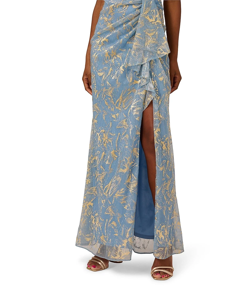 Adrianna Papell Metallic Crinkle Chiffon Halter Front Keyhole Column Gown