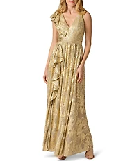 Adrianna Papell Metallic Crinkle V-Neck Sleeveless Ruffle Gown