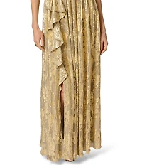 Adrianna Papell Metallic Crinkle V-Neck Sleeveless Ruffle Gown