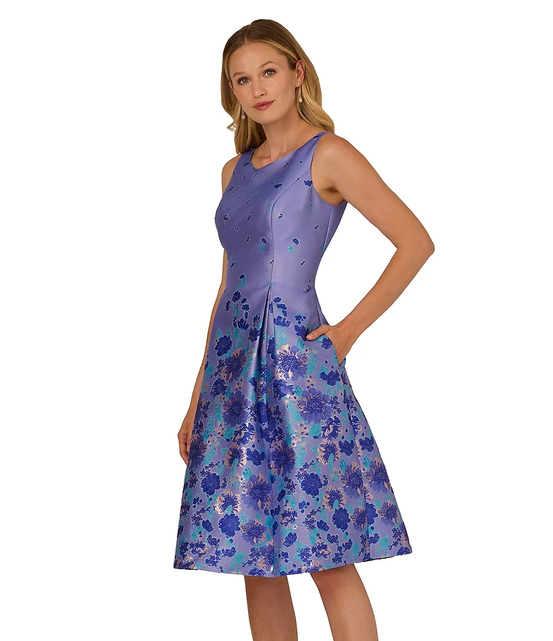 Adrianna Papell Metallic Floral Border Fit-And-Flare Jacquard Knee Length Dress