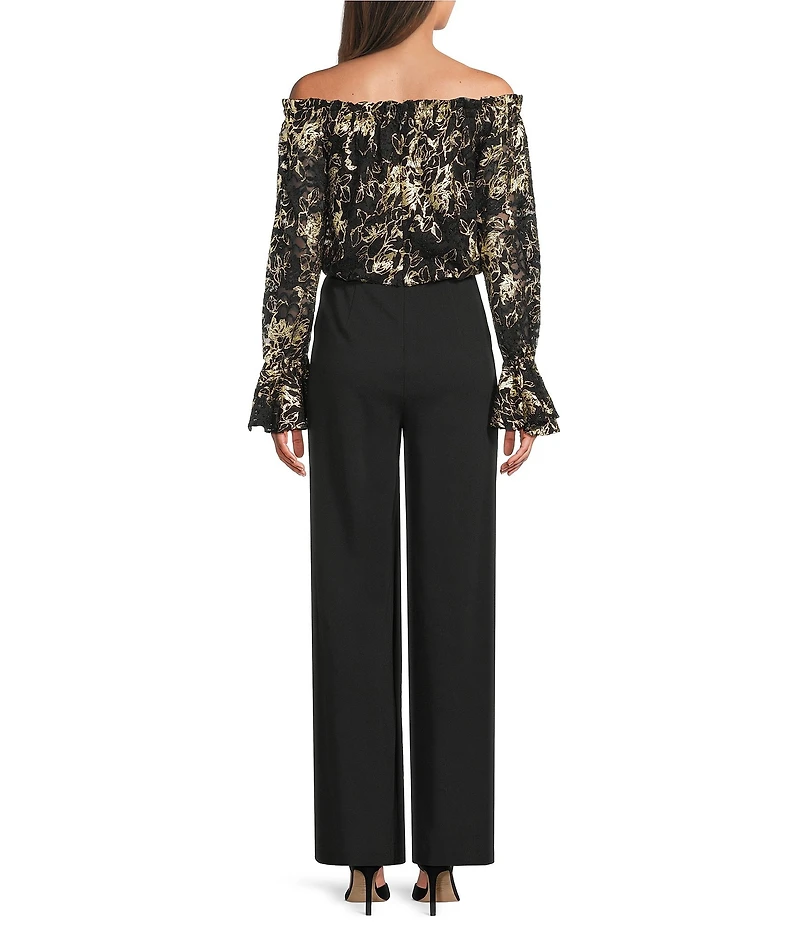 Adrianna Papell Metallic Floral Lace Off-the-Shoulder Long Sleeve Straight Leg Jumpsuit