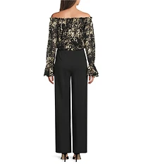 Adrianna Papell Metallic Floral Lace Off-the-Shoulder Long Sleeve Straight Leg Jumpsuit