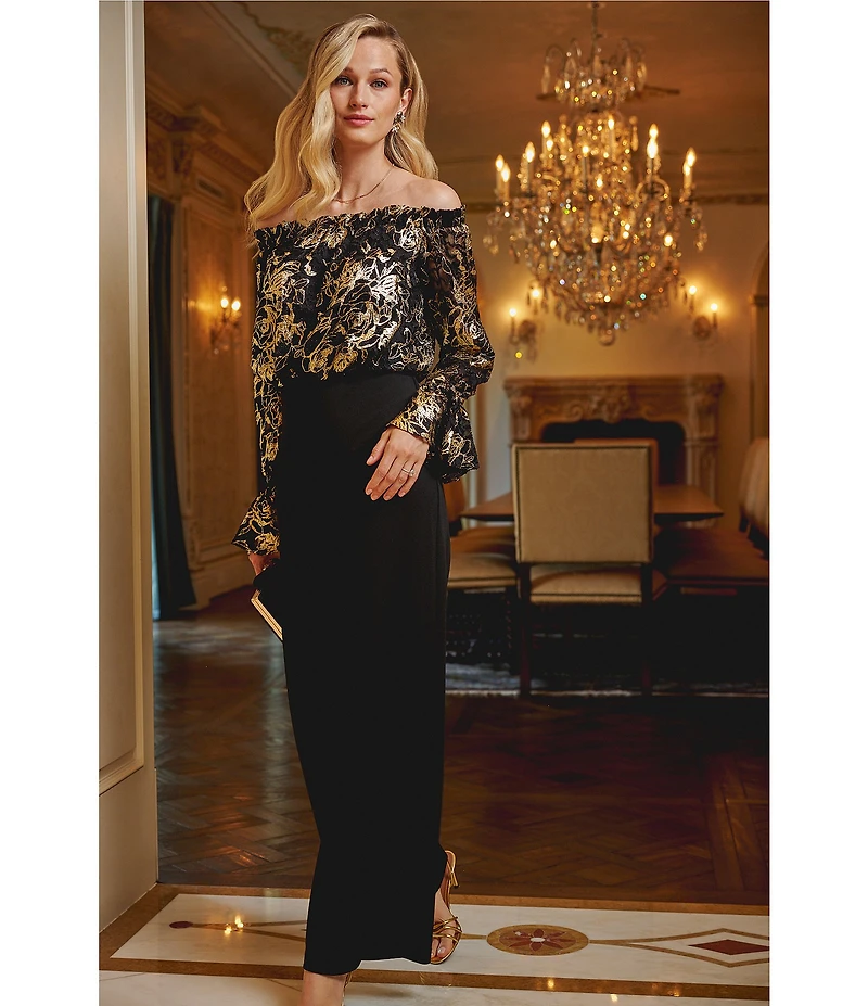 Adrianna Papell Metallic Floral Lace Off-the-Shoulder Long Sleeve Straight Leg Jumpsuit