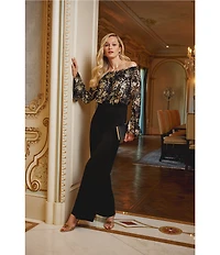 Adrianna Papell Metallic Floral Lace Off-the-Shoulder Long Sleeve Straight Leg Jumpsuit
