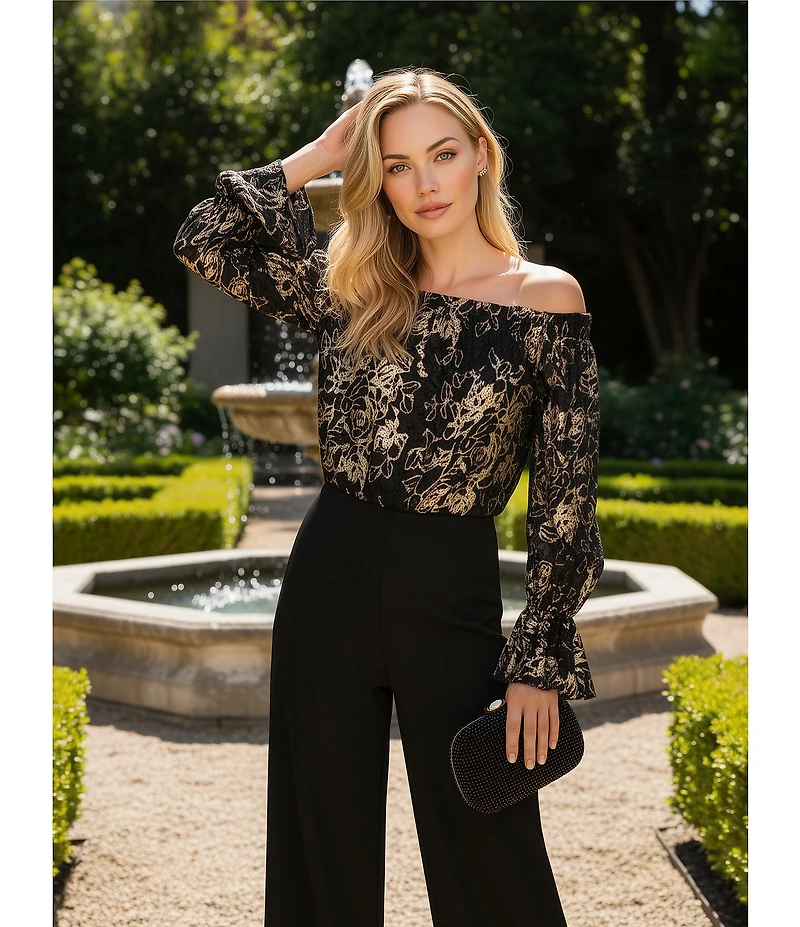 Adrianna Papell Metallic Floral Lace Off-the-Shoulder Long Sleeve Straight Leg Jumpsuit