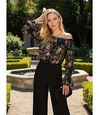 Adrianna Papell Metallic Floral Lace Off-the-Shoulder Long Sleeve Straight Leg Jumpsuit