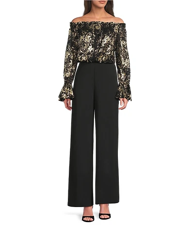 Adrianna Papell Metallic Floral Lace Off-the-Shoulder Long Sleeve Straight Leg Jumpsuit